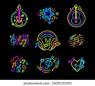 Neon music signs for clubs, disco and bars. Vector isolated set of icons with guitar, glowing lights with stars and notes. Show and entertainment at night, nightlife and party announcement