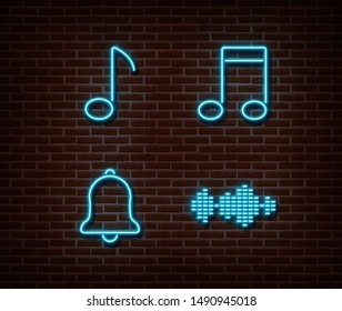 Neon music signs vector isolated on brick wall. Musik key, note, ring, equalizer light symbol, decoration effect. Neon music illustration.