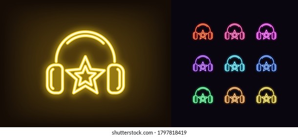 Neon music star icon. Glowing neon Dj star with headphones, fashion superstar in vivid colors. Musical hit, super dance top, cyberpunk disco party. Icon set, sign, symbol for UI. Vector illustration