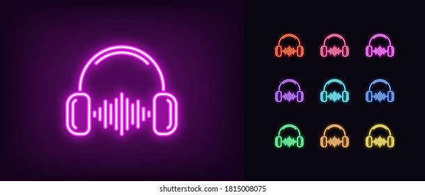 Neon music wave icon. Glowing neon headphones with sound wave, soundtrack in vivid colors. DJ play, listen to music, radio podcast, sound record studio. Icon set, sign, symbol. Vector illustration