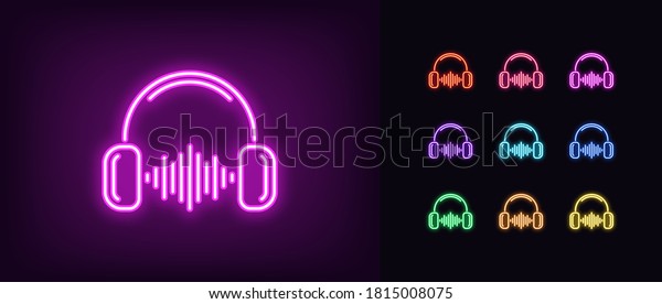 Neon music wave icon. Glowing neon
headphones with sound wave, soundtrack in vivid colors. DJ play,
listen to music, radio podcast, sound record studio. Icon set,
sign, symbol. Vector
illustration