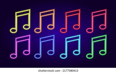 neon musical note icon of different color set. Vector isolated neon glowing contour notes of red blue and green music on dark blue for design template