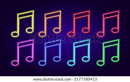neon musical note icon of different color set. Vector isolated neon glowing contour notes of red blue and green music on dark blue for design template