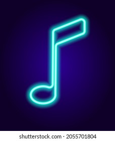 Neon musical note sign. Glowing in the dark NEON sign of the eighth note is a line of blue color. isolated blue contour is a musical symbol. Classic  art icon with neon note blue