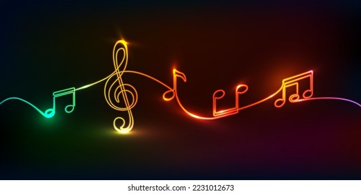 Neon music.Musical notes .Continuous line drawing.Vector illustration.