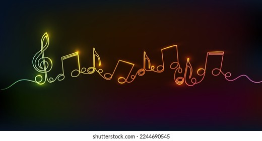 Neon music.Musical notes .Continuous line drawing.Vector illustration.