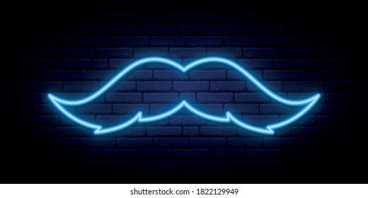 Signo de bigote de neón. Icono de bigote azul brillante sobre fondo de pared de ladrillo. Plantilla de diseño de vectores. 