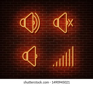 Neon mute signs vector isolated on brick wall. Silent, sount light symbol, decoration effect. Neon mute illustration.