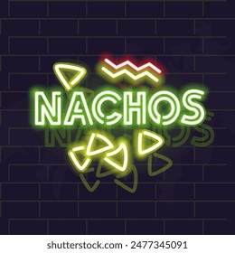 Neon nachos poster. Typography with nachos silhouettes on brick wall background.