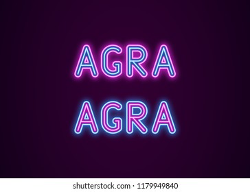 Neon name of Agra city in India. Vector illustration of Agra inscription in Neon style with backlight, Blue and Purple colors. Isolated glowing city for decoration of the Diwali festival