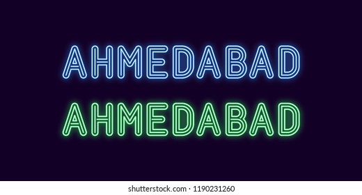 Neon name of Ahmedabad city in India. Vector illustration of Ahmedabad inscription in Neon style with backlight, Blue and Green colors. Isolated glowing city for decoration of the Diwali festival