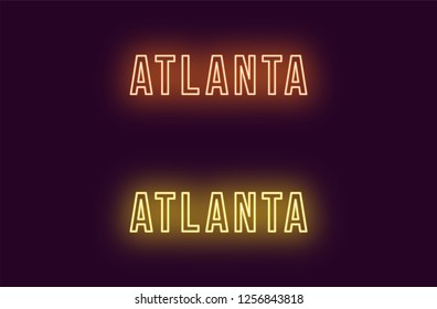 Neon name of Atlanta city in USA. Vector text of Atlanta, Neon inscription with backlight in Bold style, orange and yellow colors. Isolated glowing title for decoration. Without overlay mode