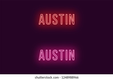 Neon name of Austin city in USA. Vector text of Austin, Neon inscription with backlight in Thin style, red and pink colors. Isolated glowing title for decoration. Without overlay mode