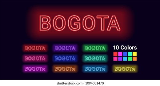 Neon name of Bogota city. Vector illustration of Bogota inscription consisting of neon outlines, with backlight on the dark background. Set of different colors