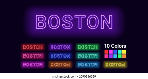 Neon name of Boston city. Vector illustration of Boston inscription consisting of neon outlines, with backlight on the dark background. Set of different colors