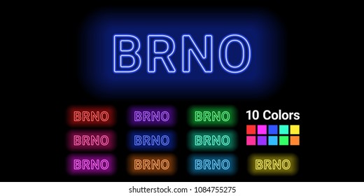 Neon name of Brno city. Vector illustration of Brno inscription consisting of neon outlines, with backlight on the dark background. Set of different colors