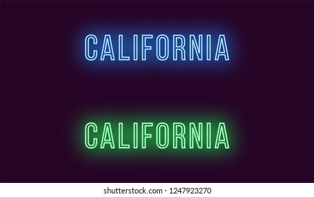 Neon name of California state in USA. Vector text of California, Neon inscription with backlight in Thin style, blue and green colors. Isolated glowing title for decoration. Without overlay mode