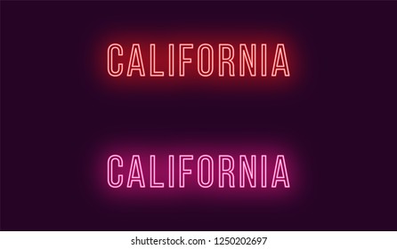 Neon name of California state in USA. Vector text of California, Neon inscription with backlight in Thin style, red and pink colors. Isolated glowing title for decoration. Without overlay mode