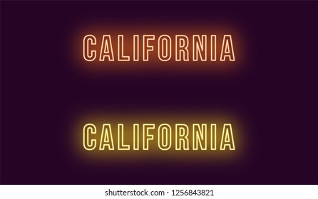 Neon name of California state in USA. Vector text of California, Neon inscription with backlight in Bold style, orange and yellow colors. Isolated glowing title for decoration. Without overlay mode