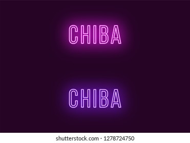 Neon name of Chiba city in Japan. Vector text of Chiba, Neon inscription with backlight in Thin style, purple and violet colors. Isolated glowing title for decoration. Without overlay mode