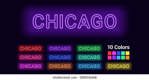 Neon name of Chicago city. Vector illustration of Chicago inscription consisting of neon outlines, with backlight on the dark background. Set of different colors