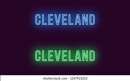 Neon name of Cleveland city in USA. Vector text of Cleveland, Neon inscription with backlight in Thin style, blue and green colors. Isolated glowing title for decoration. Without overlay mode