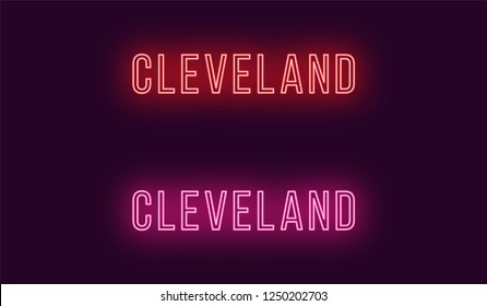 Neon name of Cleveland city in USA. Vector text of Cleveland, Neon inscription with backlight in Thin style, red and pink colors. Isolated glowing title for decoration. Without overlay mode