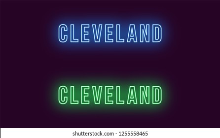 Neon name of Cleveland city in USA. Vector text of Cleveland, Neon inscription with backlight in Bold style, blue and green colors. Isolated glowing title for decoration. Without overlay mode