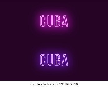 Neon name of Cuba Republic. Vector text of Cuba, Neon inscription with backlight in Thin style, purple and violet colors. Isolated glowing title for decoration. Without overlay mode