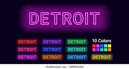 Neon name of Detroit city. Vector illustration of Detroit inscription consisting of neon outlines, with backlight on the dark background. Set of different colors