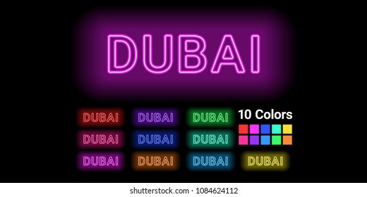 Neon name of Dubai city. Vector illustration of Dubai inscription consisting of neon outlines, with backlight on the dark background. 10 different colors