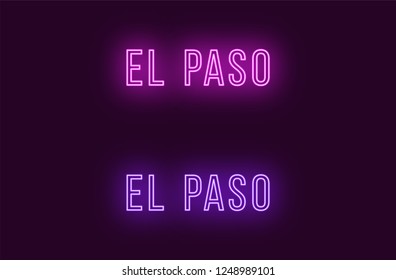 Neon name of El Paso city in USA. Vector text of El Paso, Neon inscription with backlight in Thin style, purple and violet colors. Isolated glowing title for decoration. Without overlay mode