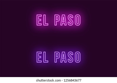 Neon name of El Paso city in USA. Vector text of El Paso, Neon inscription with backlight in Bold style, purple and violet colors. Isolated glowing title for decoration. Without overlay mode