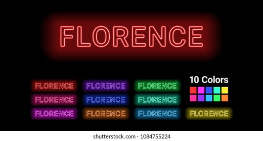 Neon name of Florence city. Vector illustration of Florence inscription consisting of neon outlines, with backlight on the dark background. Set of different colors