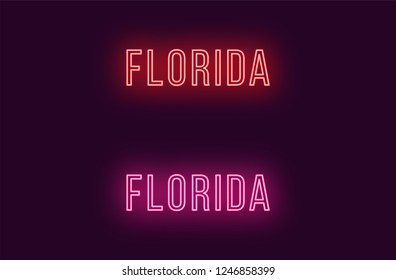 Neon name of Florida state in USA. Vector text of Florida, Neon inscription with backlight in Thin style, red and pink colors. Isolated glowing title for decoration. Without overlay mode