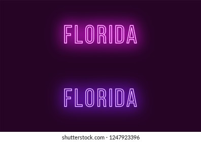 Neon name of Florida state in USA. Vector text of Florida, Neon inscription with backlight in Thin style, purple and violet colors. Isolated glowing title for decoration. Without overlay mode