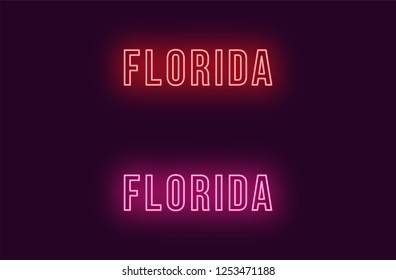 Neon name of Florida state in USA. Vector text of Florida, Neon inscription with backlight in Bold style, red and pink colors. Isolated glowing title for decoration. Without overlay mode