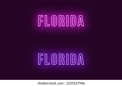 Neon name of Florida state in USA. Vector text of Florida, Neon inscription with backlight in Bold style, purple and violet colors. Isolated glowing title for decoration. Without overlay mode