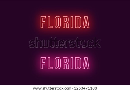 Neon name of Florida state in USA. Vector text of Florida, Neon inscription with backlight in Bold style, red and pink colors. Isolated glowing title for decoration. Without overlay mode