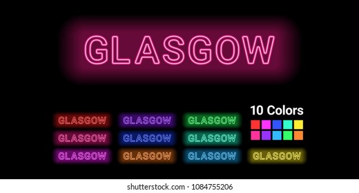 Neon name of Glasgow city. Vector illustration of Glasgow inscription consisting of neon outlines, with backlight on the dark background. Set of different colors