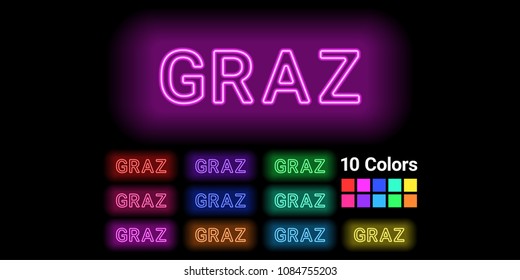 Neon name of Graz city. Vector illustration of Graz inscription consisting of neon outlines, with backlight on the dark background. Set of different colors