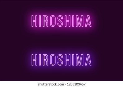 Neon name of Hiroshima city in Japan. Vector text of Hiroshima, Neon inscription with backlight in Thin style, purple and violet colors. Isolated glowing title for decoration. Without overlay mode