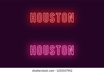 Neon name of Houston city in USA. Vector text of Houston, Neon inscription with backlight in Bold style, red and pink colors. Isolated glowing title for decoration. Without overlay mode