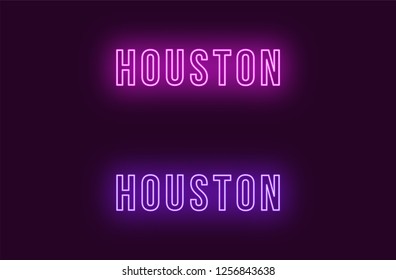 Neon name of Houston city in USA. Vector text of Houston, Neon inscription with backlight in Bold style, purple and violet colors. Isolated glowing title for decoration. Without overlay mode