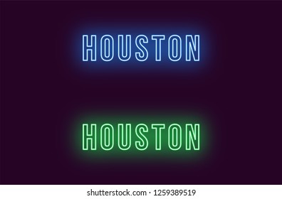 Neon name of Houston city in USA. Vector text of Houston, Neon inscription with backlight in Bold style, blue and green colors. Isolated glowing title for decoration. Without overlay mode