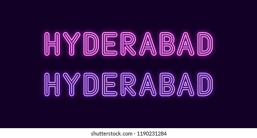 Neon name of Hyderabad city in India. Vector illustration of Hyderabad inscription in Neon style with backlight, Purple and Violet colors. Isolated glowing city for decoration of the Diwali festival