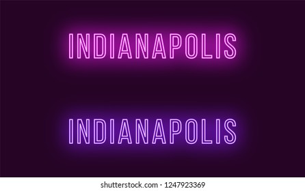 Neon name of Indianapolis city in USA. Vector text of Indianapolis, Neon inscription with backlight in Thin style, purple and violet colors. Isolated glowing title for decoration. Without overlay mode