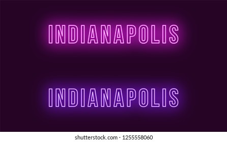 Neon name of Indianapolis city in USA. Vector text of Indianapolis, Neon inscription with backlight in Bold style, purple and violet colors. Isolated glowing title for decoration. Without overlay mode