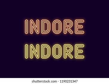 Neon name of Indore city in India. Vector illustration of Indore inscription in Neon style with backlight, Yellow and Orange colors. Isolated glowing city for decoration of the Diwali festival