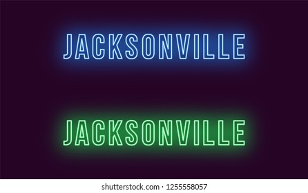 Neon name of Jacksonville city in USA. Vector text of Jacksonville, Neon inscription with backlight in Bold style, blue and green colors. Isolated glowing title for decoration. Without overlay mode